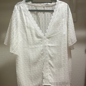 NWOT sheer white blouse with lace accent